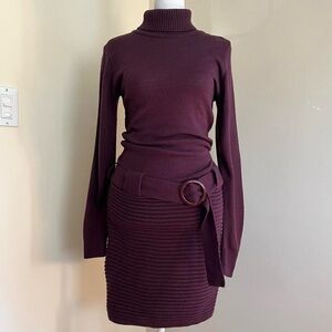 Vintage Y2K Euro Purple Ribbed Sweater Knit Turtleneck Mini Dress Belt Buckle S